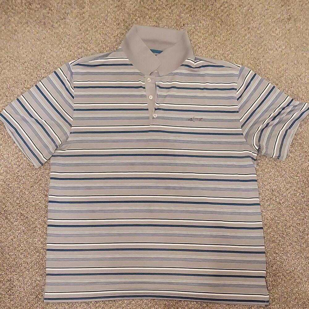 Greg Norman for Tasso Elba Play Dry XL Striped Polo Shirt Gray Blue Polyester